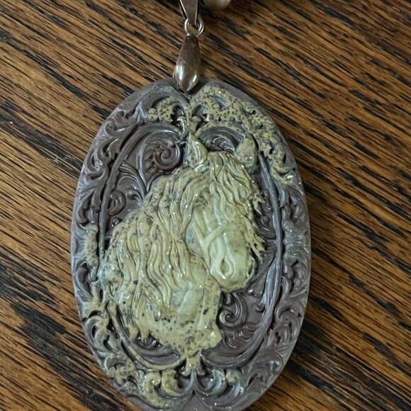 Handcrafted Brown (plum tint) & Cream Jasper Beaded Necklace with Horse Pendant - Picture 5 of 9